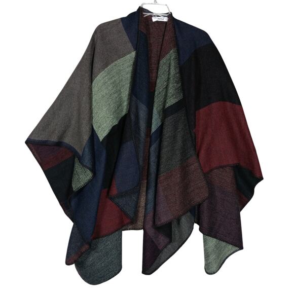 Just Fab Wrap/Poncho Colorblock Blue Black Burgundy One Size Fits Most Knit - Picture 4 of 6